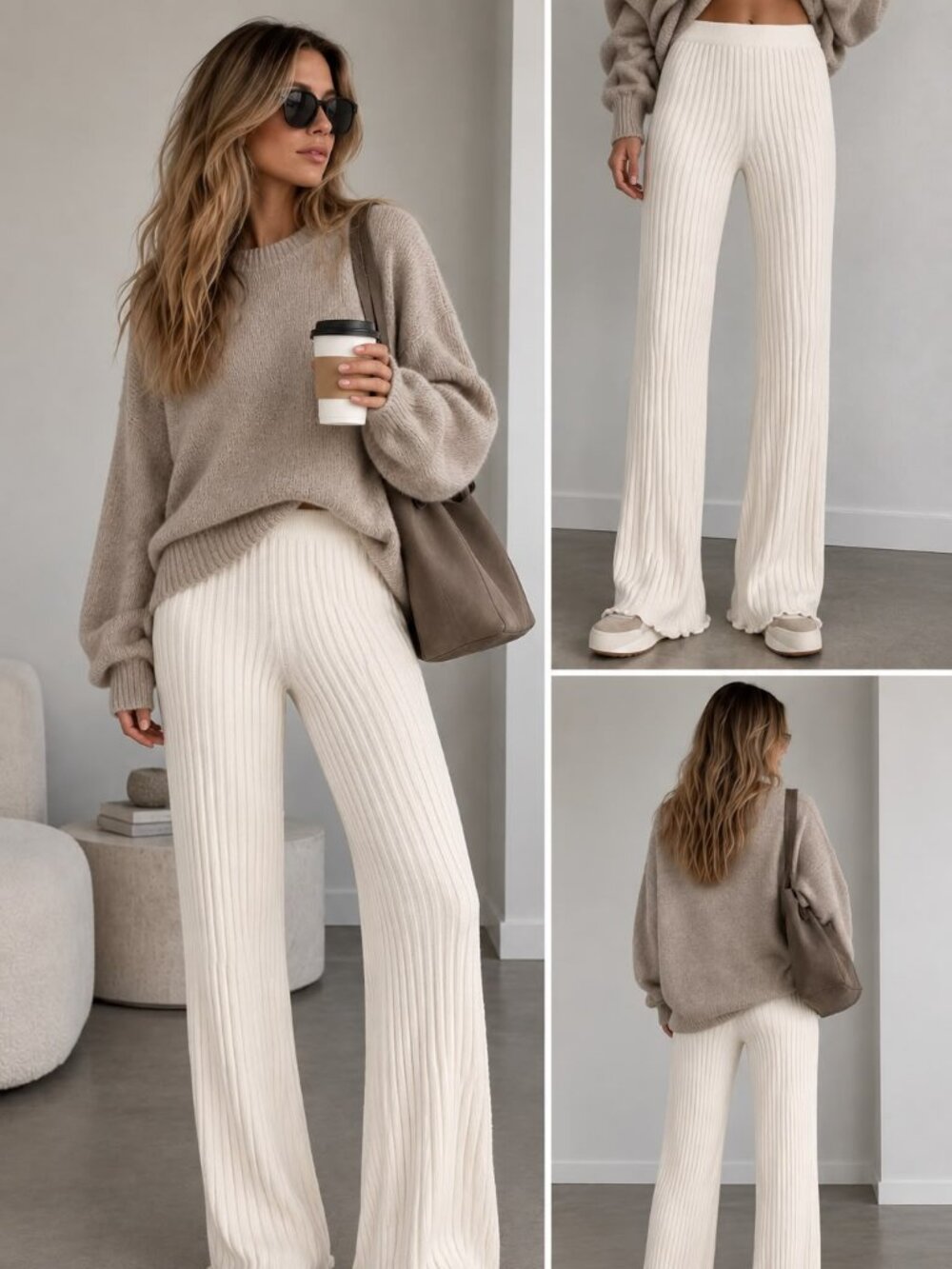 SABO Cream Ribbed Knit Wide Leg Pants Size M US 6 100% Cotton